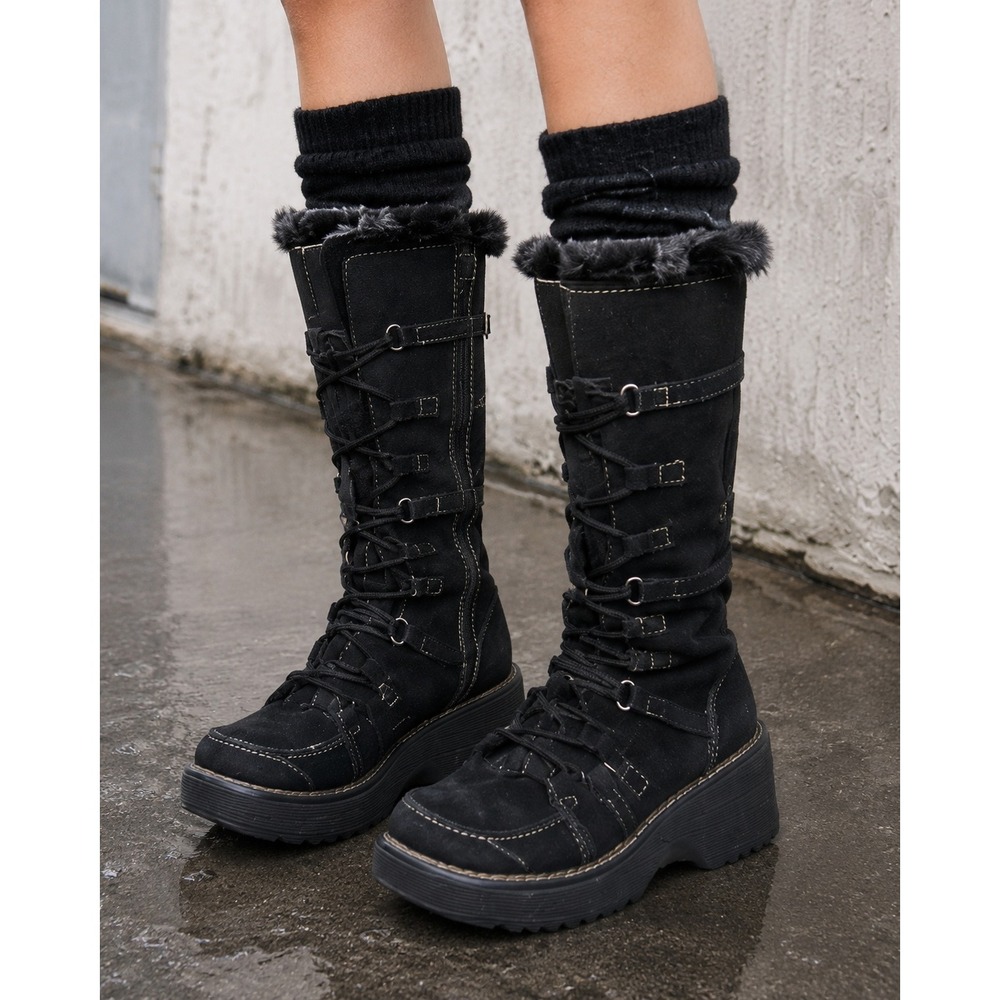 Vtg Y2K Boots Womens 40 Black Suede Faux Fur Platform Chunky Heel Emo Whimsigoth